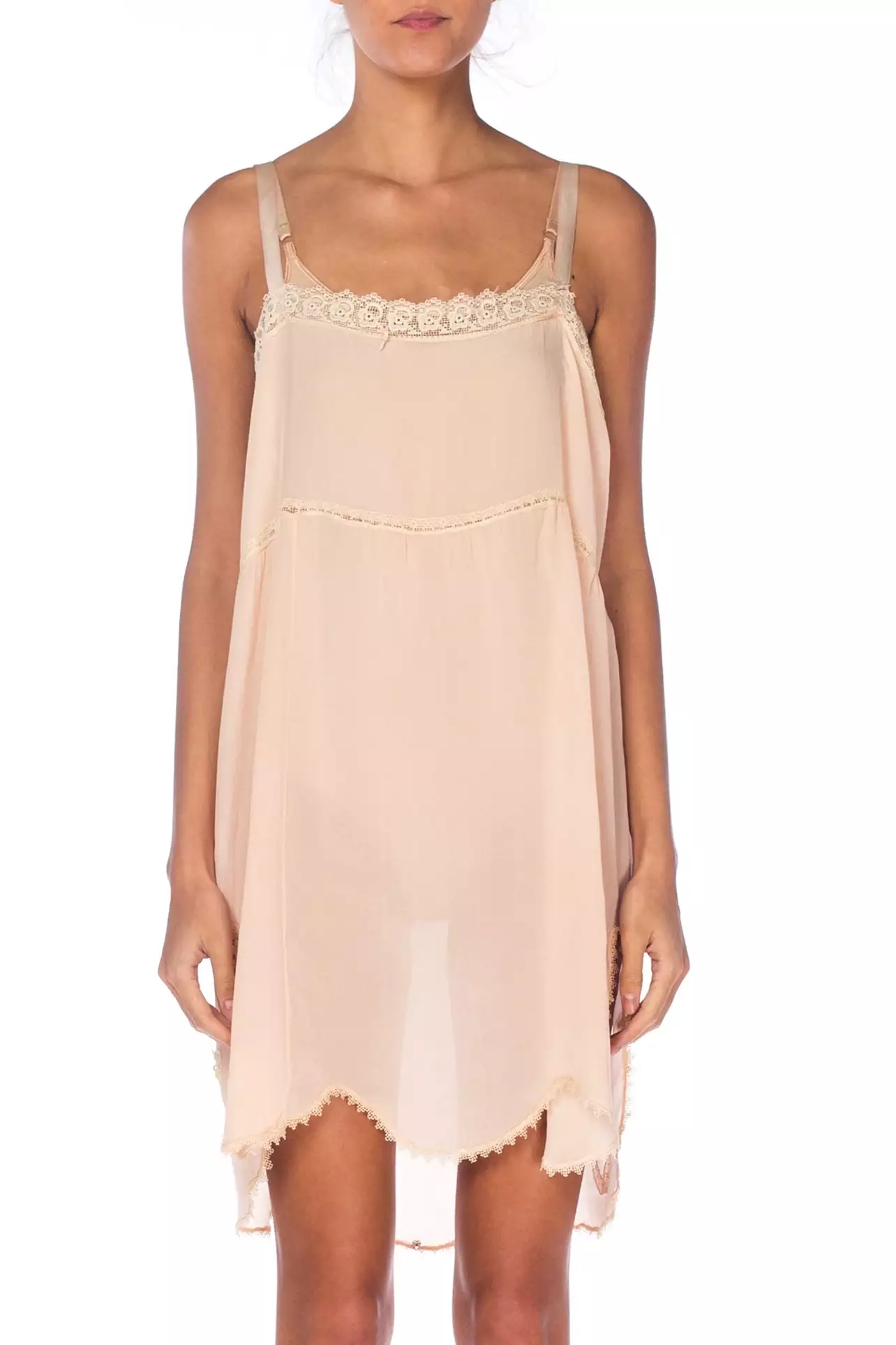 Rodeo Morphew 1920S Blush Pink Silk Crepe De Chine Lace Trimmed Negligee Slip Dress