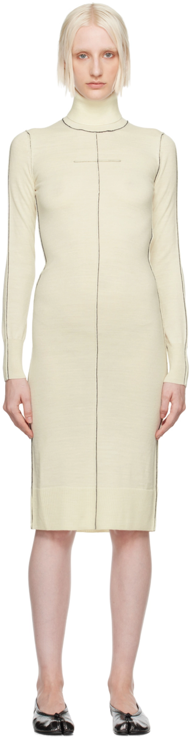 knee length dresses for ladies Cream Turtleneck Chunky Knit Midi Sweater Dress  PinkBlush