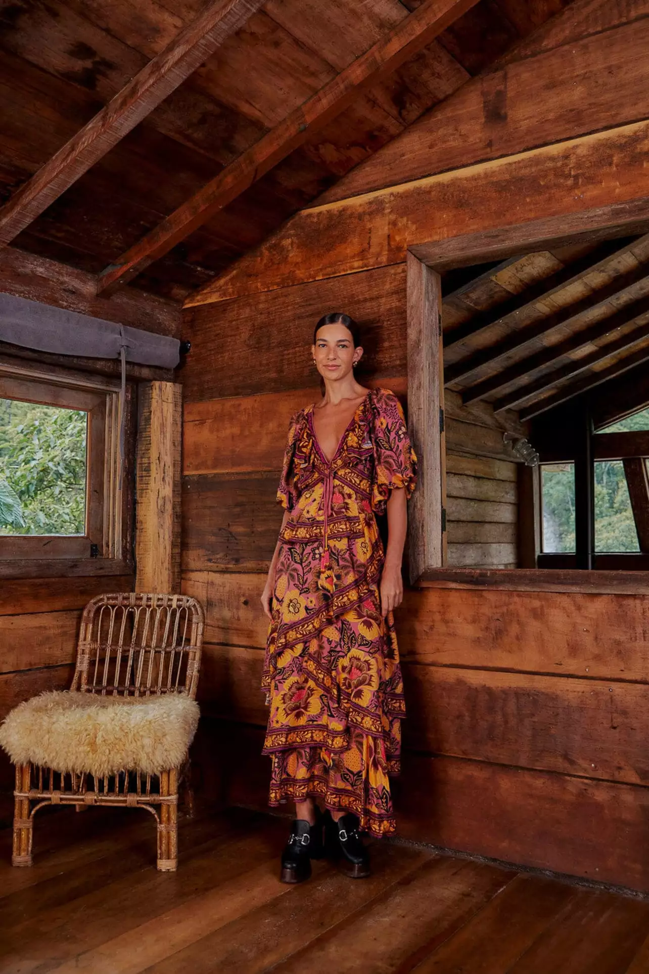 chinese dress ladies Brown Delicate Garden Long Sleeve Maxi Dress  FARM Rio