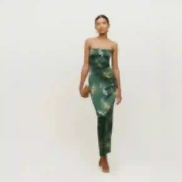green emerald velvet dress Reformation // Silk Floral Frankie Dress  VSP Consignment