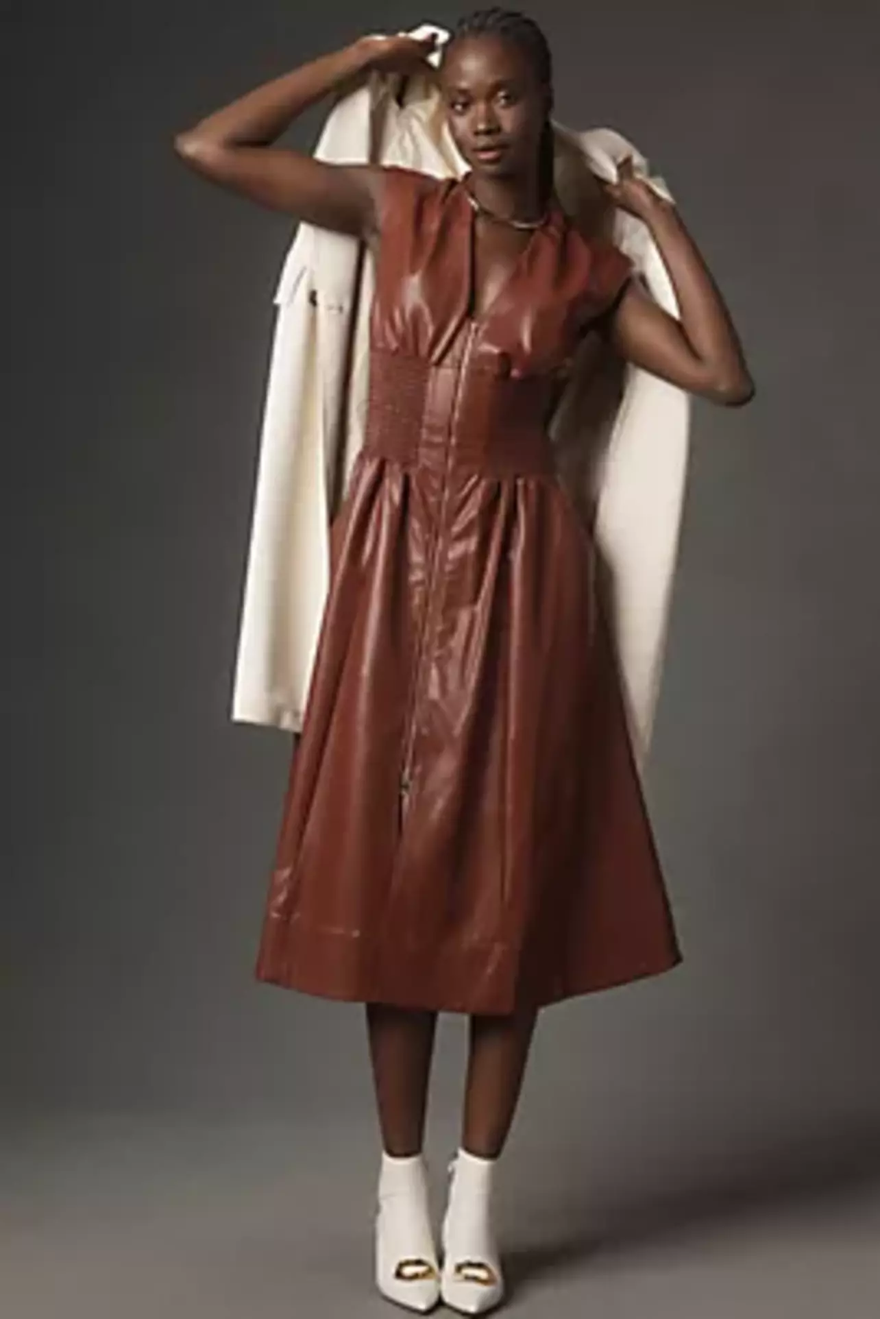 Rodeo  Anthropologie - The Tommie Cap-Sleeve Smocked Front-Zip Shirt Dress:  Faux Leather Edition