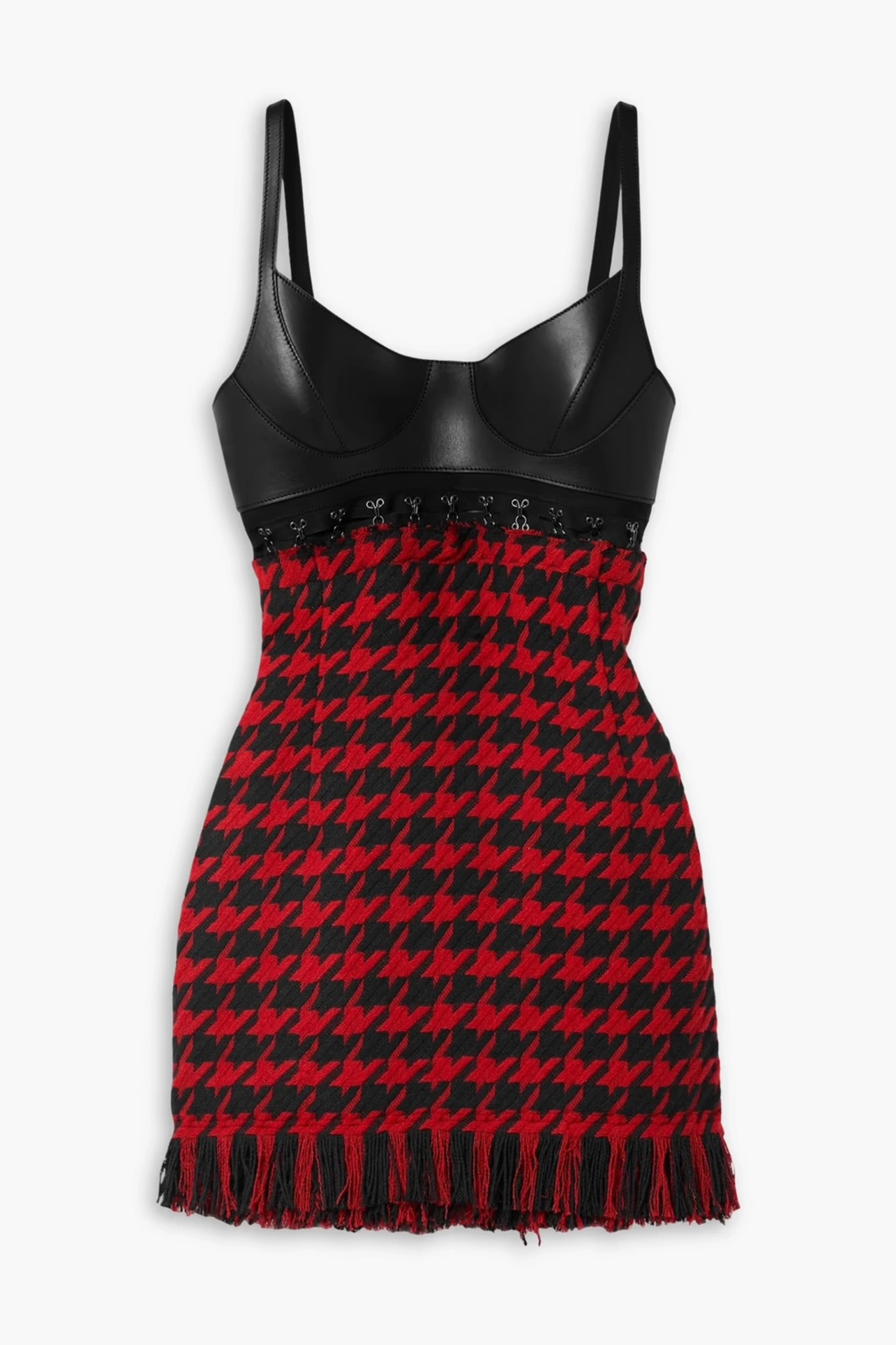 Rodeo  MONSE - Fringed houndstooth tweed and leather mini dress