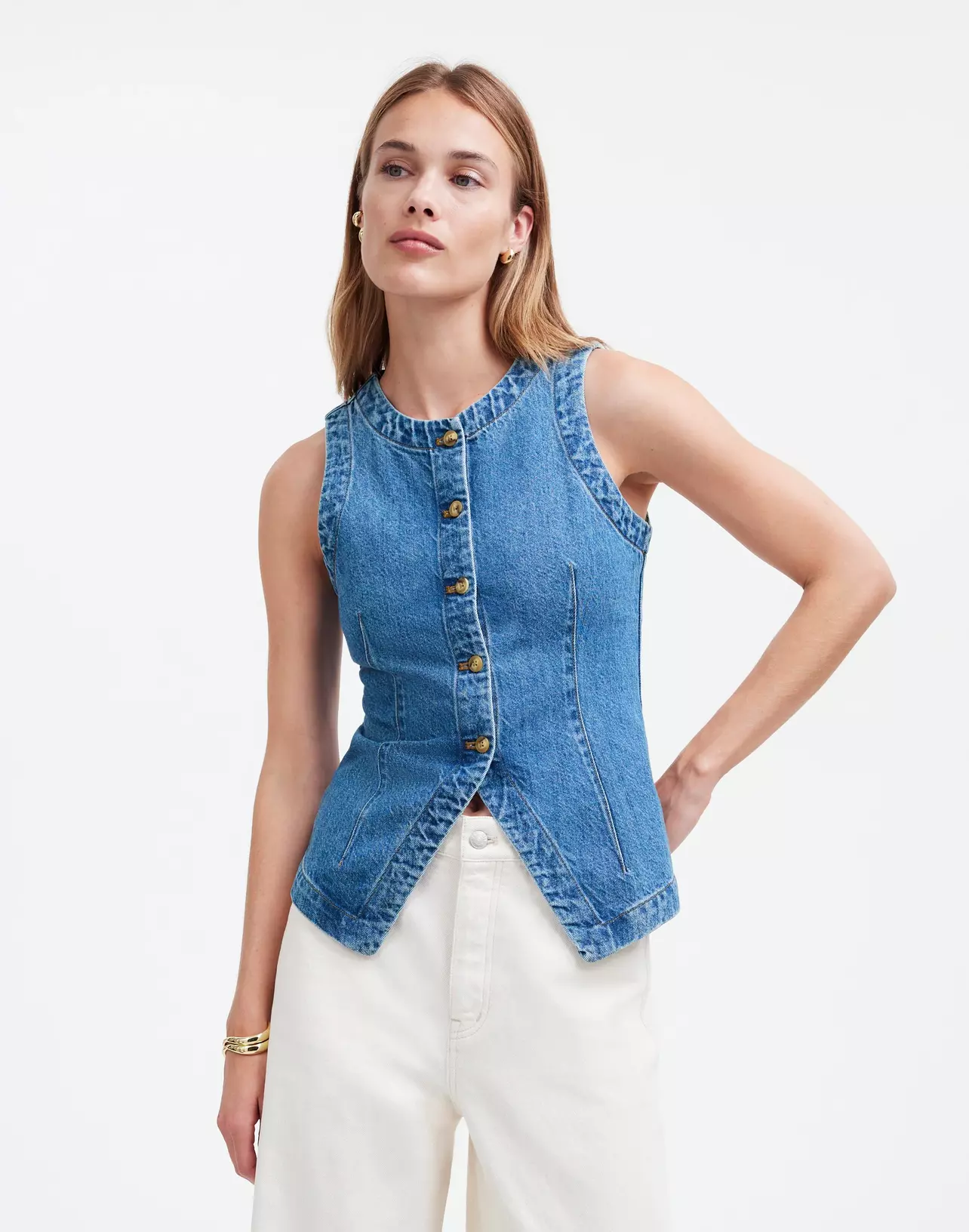 ￼ Eco Bio Washed Denim Jumper Vest Eco Bio Washed Denim Jumper Vest Sweater Vests