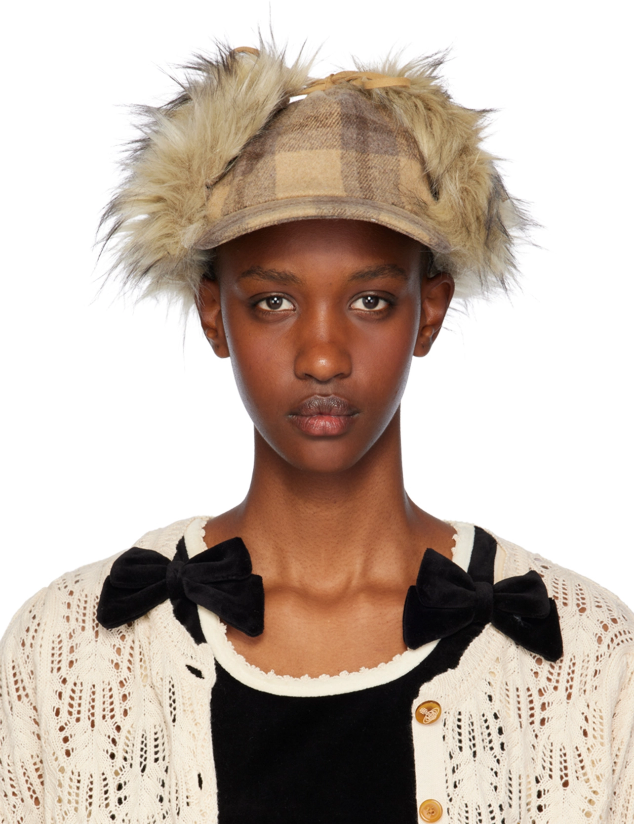 【OPEN YY】CHECKER BOARD EARFLAP BEANIE, BEIGE OPEN YY Checker Board Earflap Beanie - Black | International