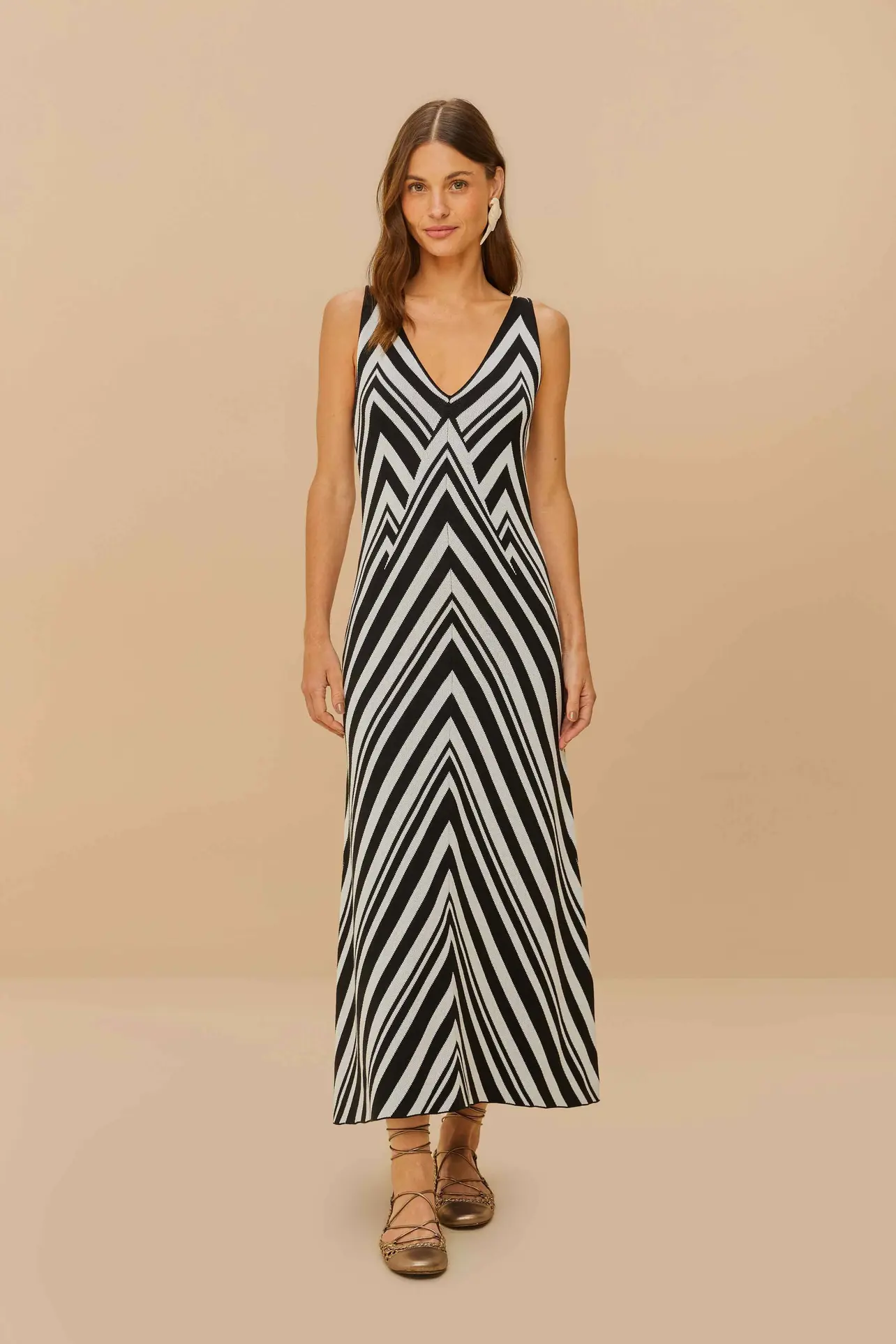 Rodeo  FarmRio - Black And White Stripes Knit Midi Dress