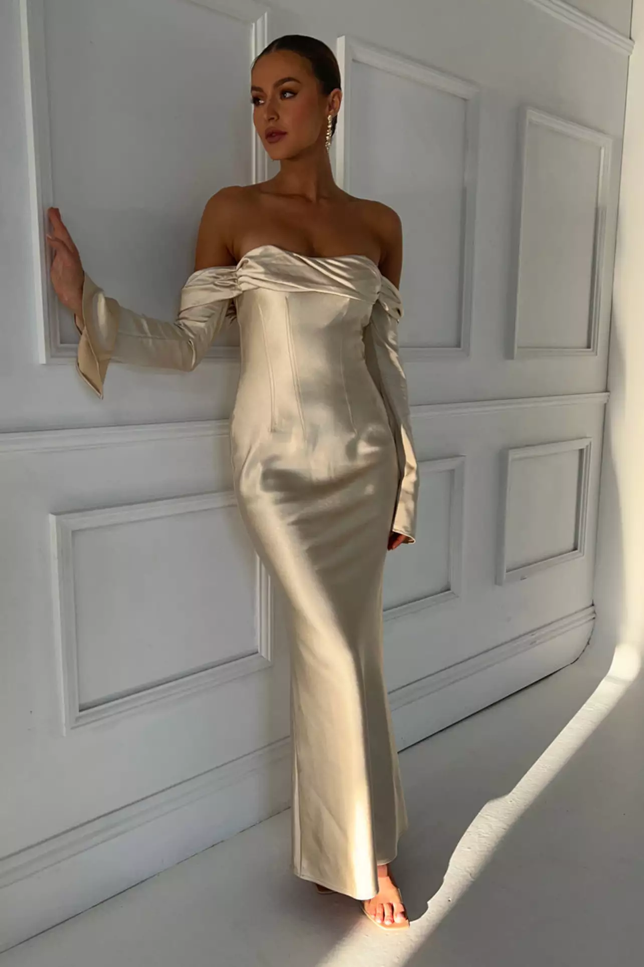 slim fit dress slacks Kenny Diamante One Shoulder Maxi Dress / Gold | Meshki
