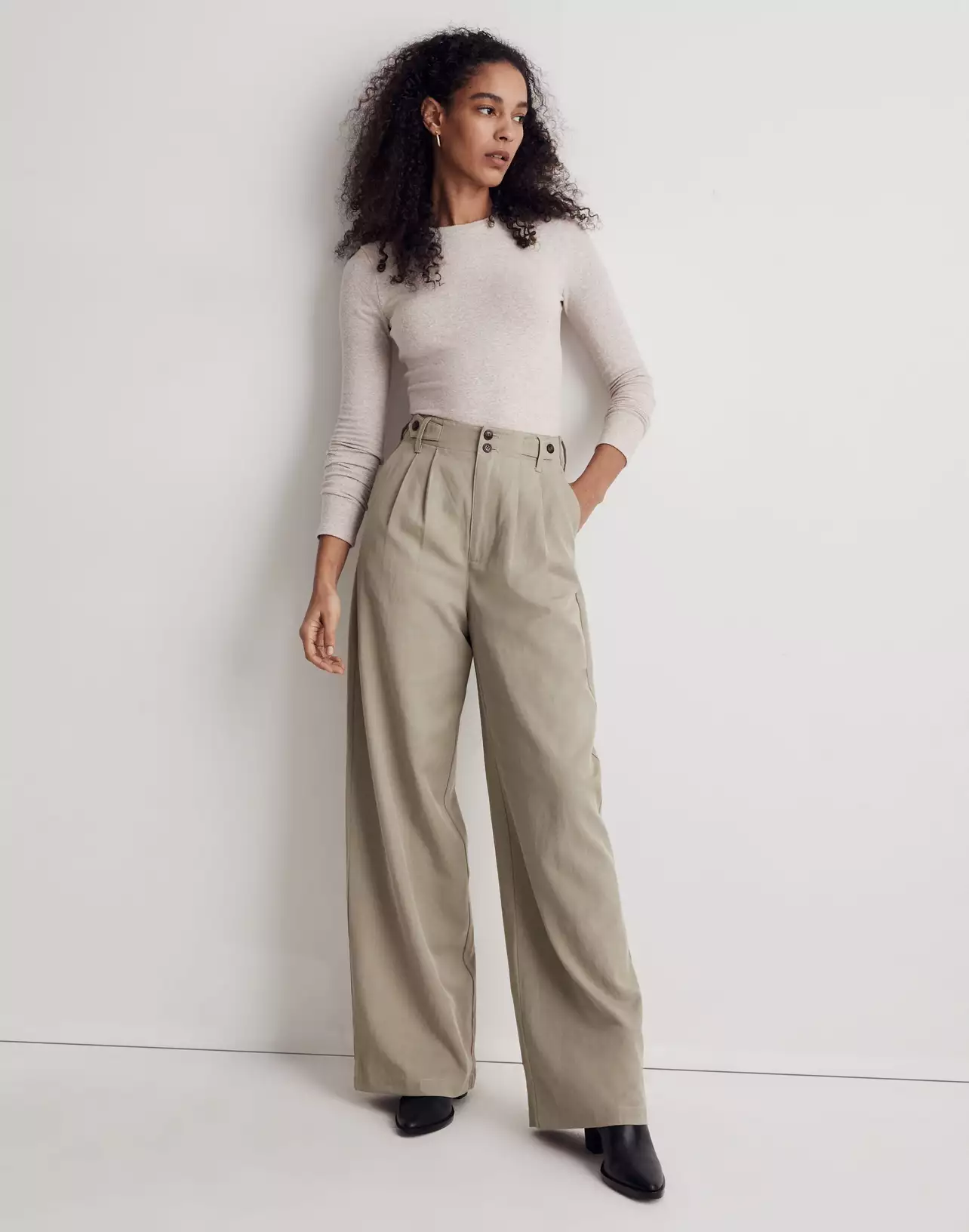 Madewell Wide Leg Khaki Pants Outfit Shop Pleated Tapered-Leg