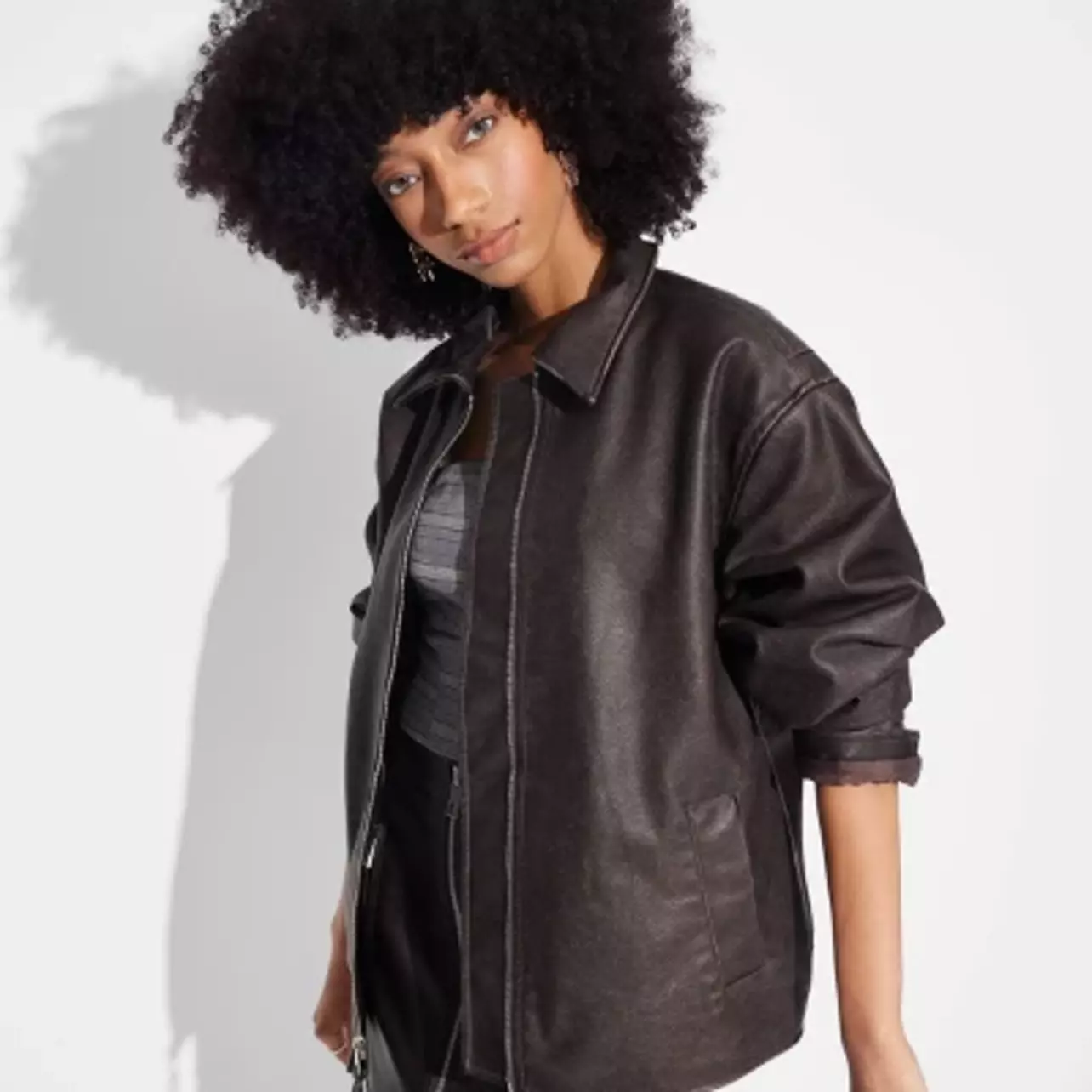 Women's Faux Leather Oversized Bomber Jacket - Wild Fable Dark Brown XXS
