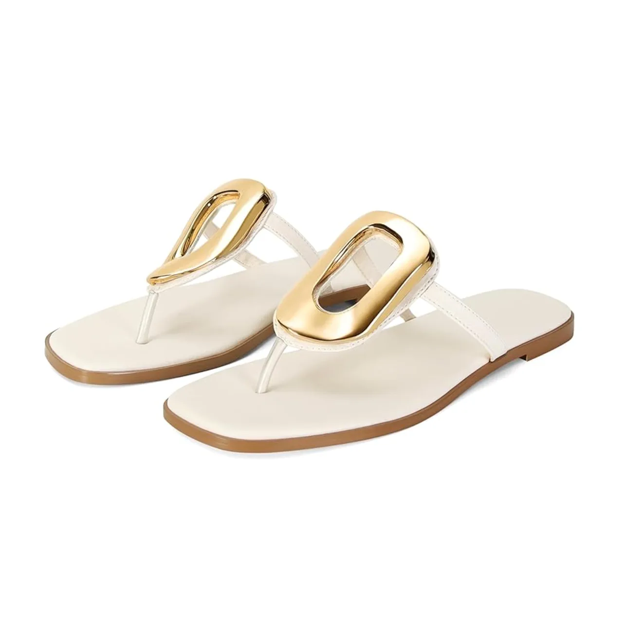 Wnshonzy Flip-Flops for Women Thong Sandals Flat White Slip on  Slides Leather Beach Comfort Open Square Toe Ladies Slipper Dressy Metal