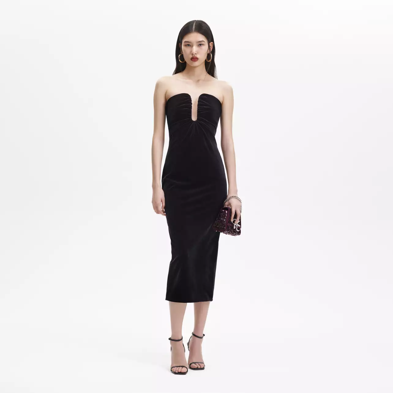 knee length dresses for ladies Self-Portrait - Black Velvet Strappy Midi Dress