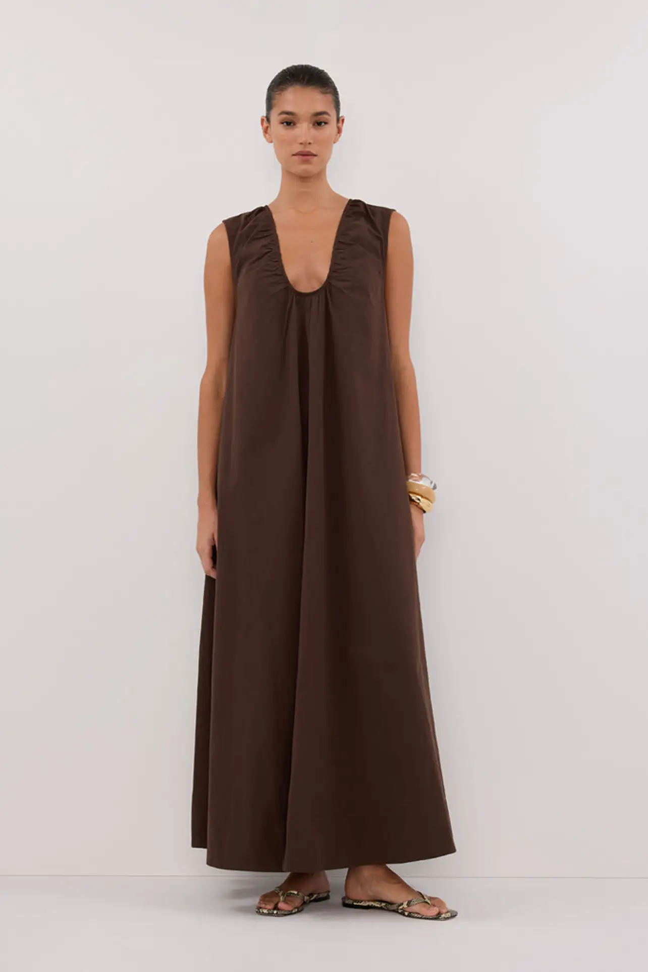 dissh brown midi dress Daniella Linen Tie Back Sleeveless Midi Dress in Cocoa By DISSH