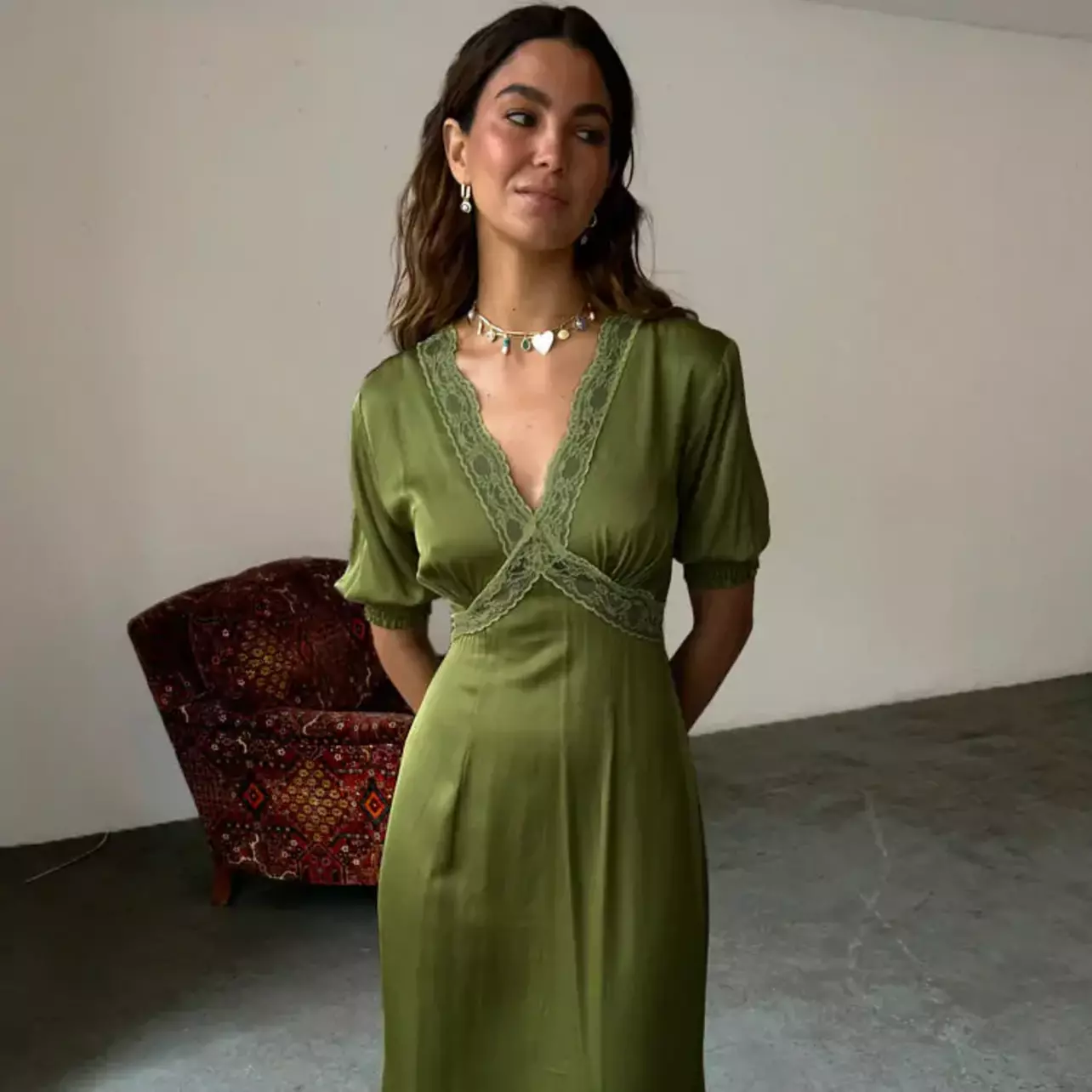 lace olive green dress Her theory Lace Trim Maxi Dress Olive main image 0