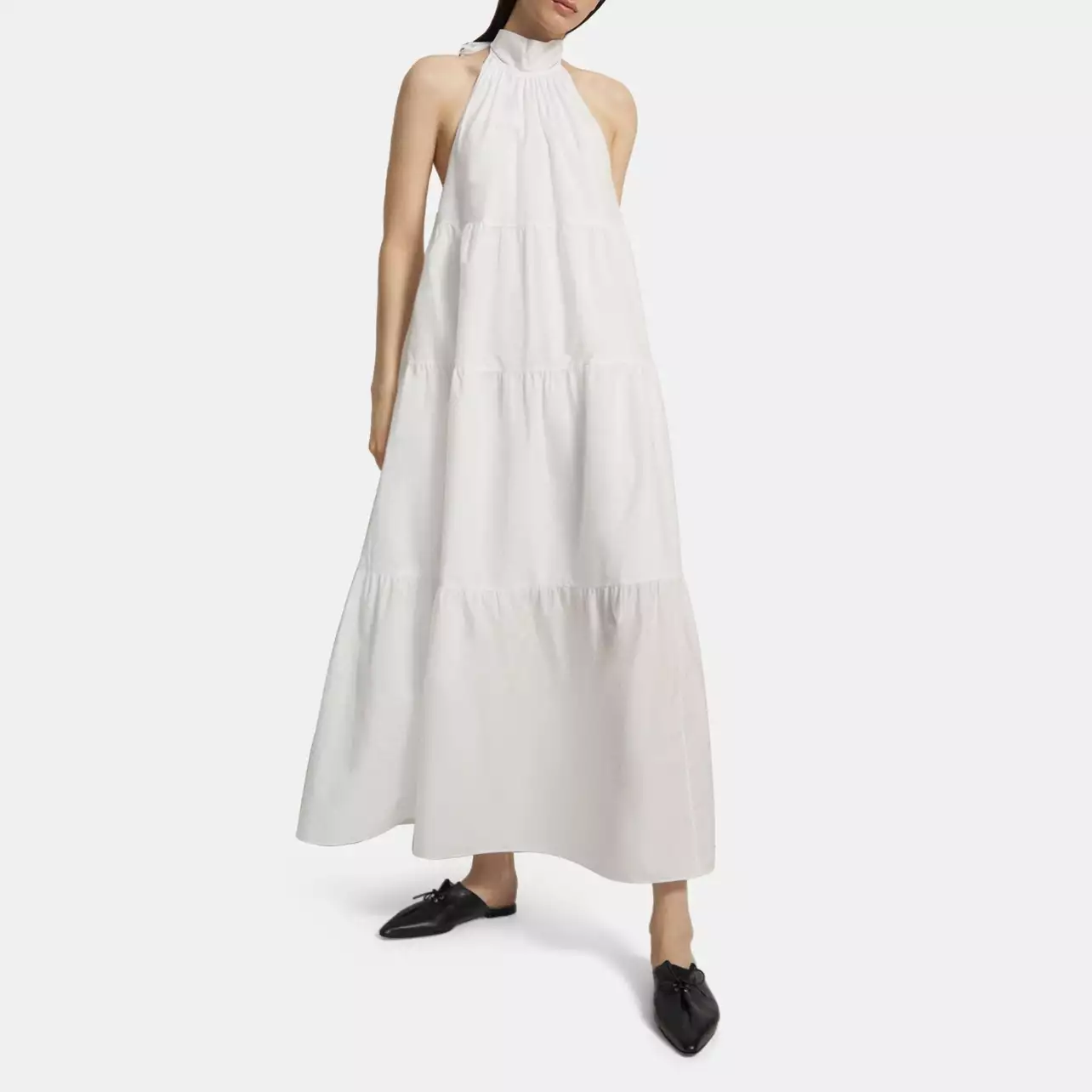 White Cotton Blend Tiered Halter Maxi Dress | Theory Outlet