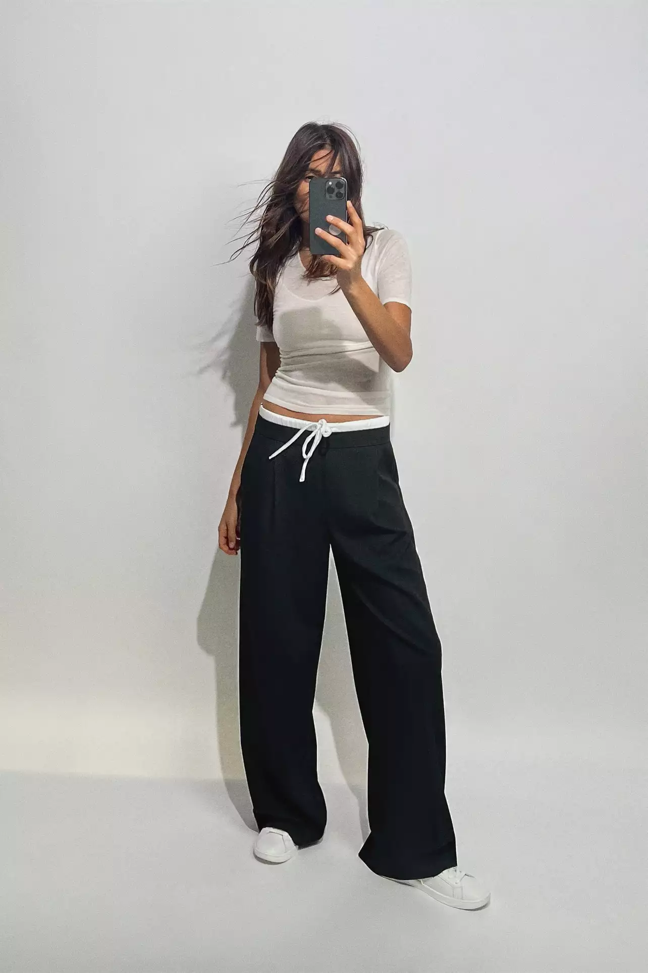 【Raucohouse】Double placket eyelet wide pants Wide Wool Double-Face Pants with Mocca Loop Print