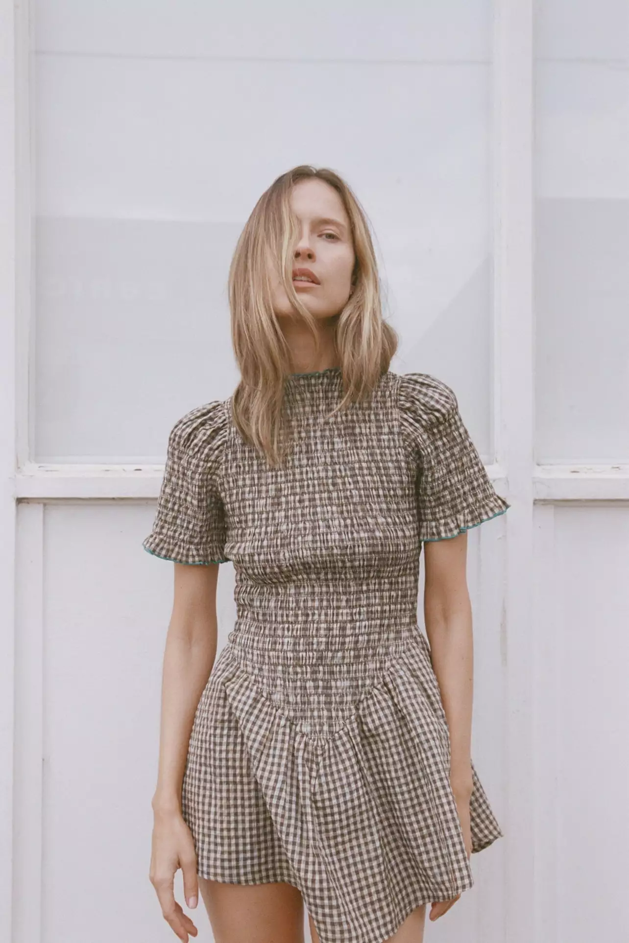 brown and white plaid dress Chocolate Plaid Bubble Hem Cotton Mini Dress main image 0