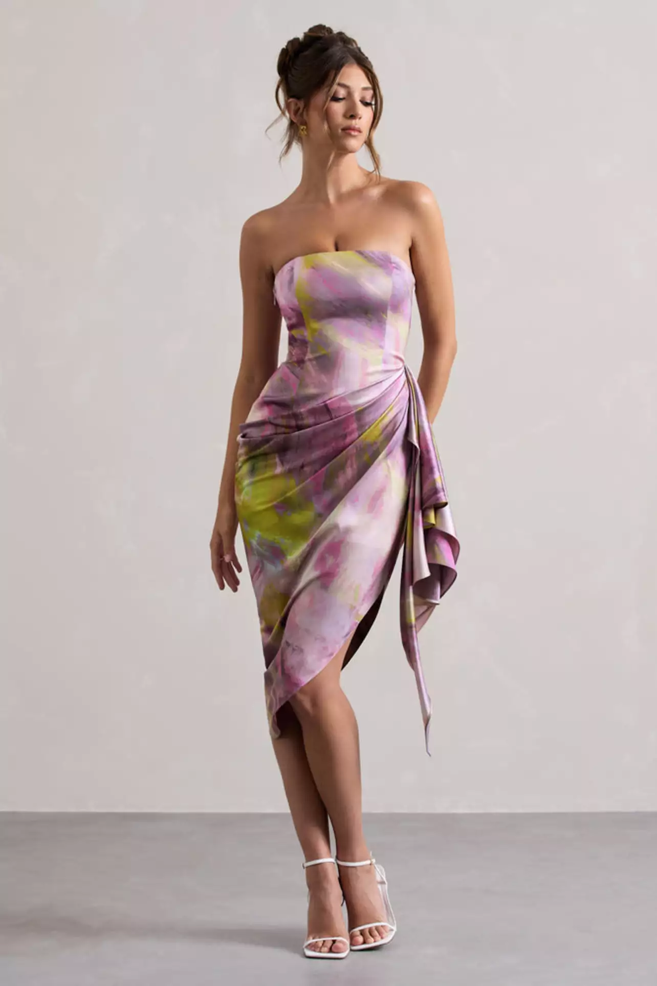 Rodeo  Club L London - USA - Axel | Lilac Print Satin Strapless Wrap Midi  Dress