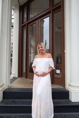 Rodeo  PinkBlush - Cream Off Shoulder Ruffle Tiered Maternity Maxi Dress